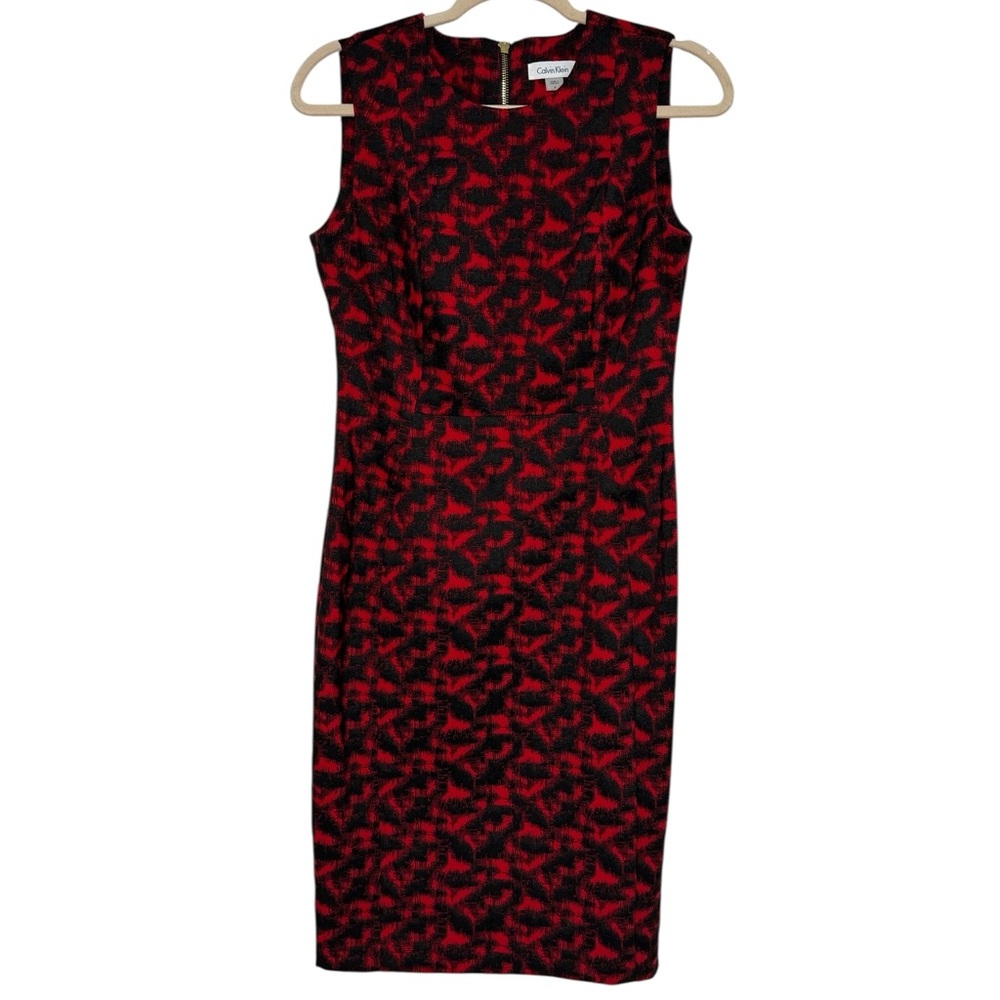 Calvin Klein Red Black Career Pencil Dress Size 6 Classic Office Gold Sleeveless